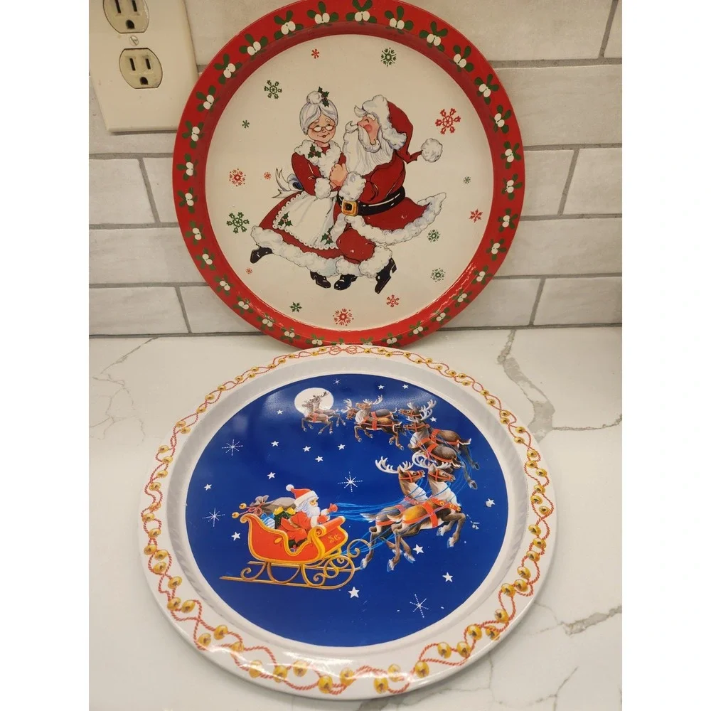 Vtg S2 Christmas Large Tin‎ Serving Tray Platters Santa Claus Mrs Claus & Sleigh